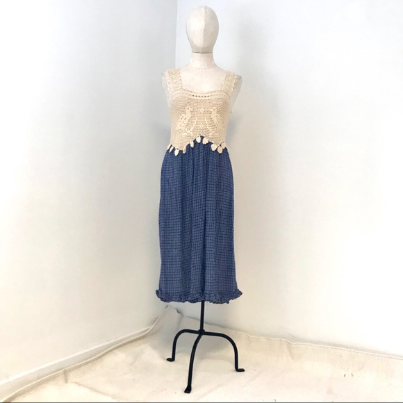 Vintage 70s Boho Crochet Top Print Midi Dress - Picture 2 of 11